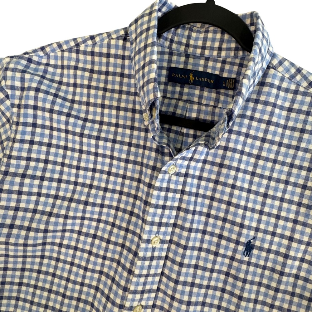 Ralph Lauren Mens L Blue White Gingham Button Down Shirt Preppy Ivy Core